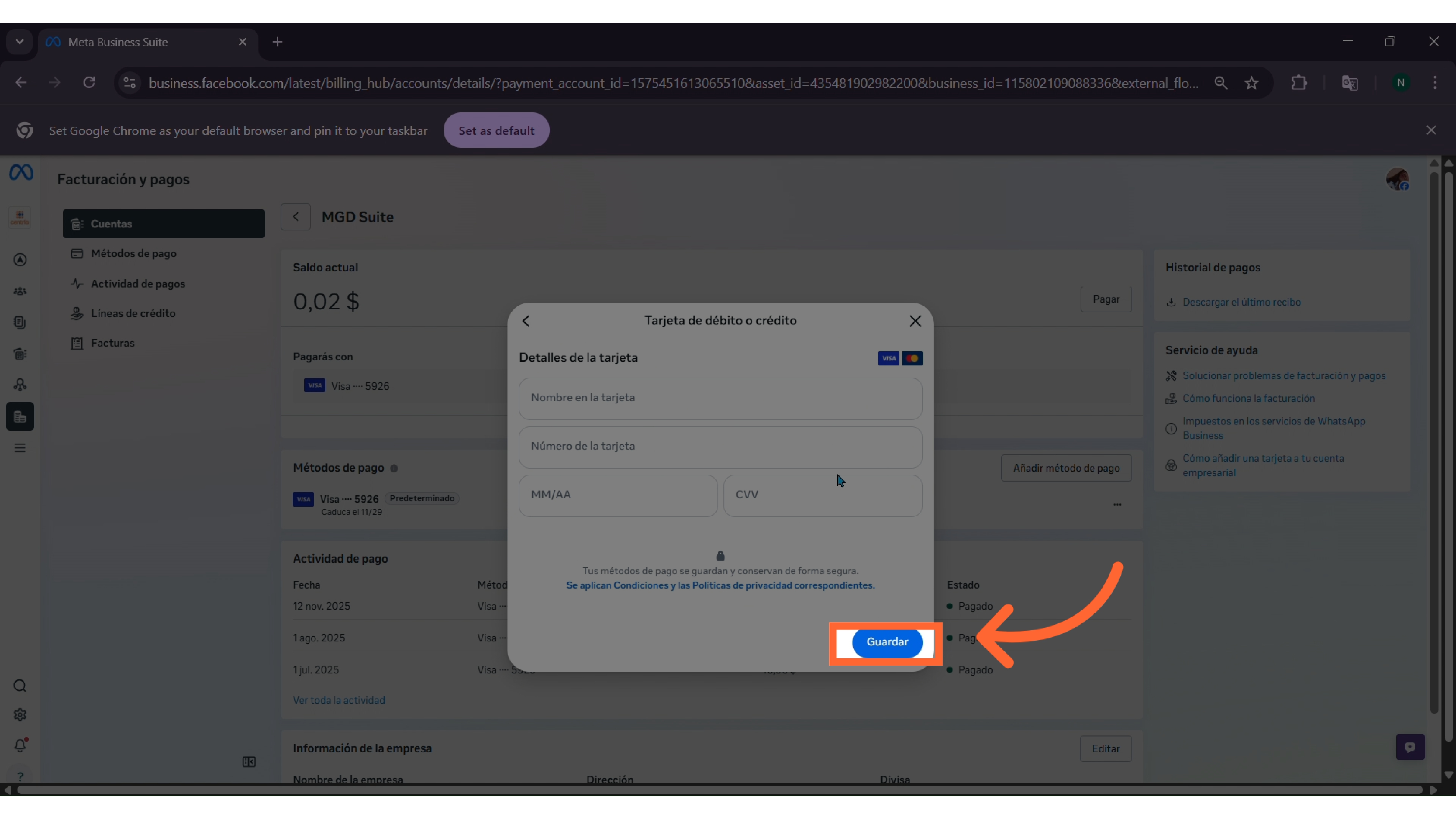 Haz clic en Guardar para finalizar la configuración